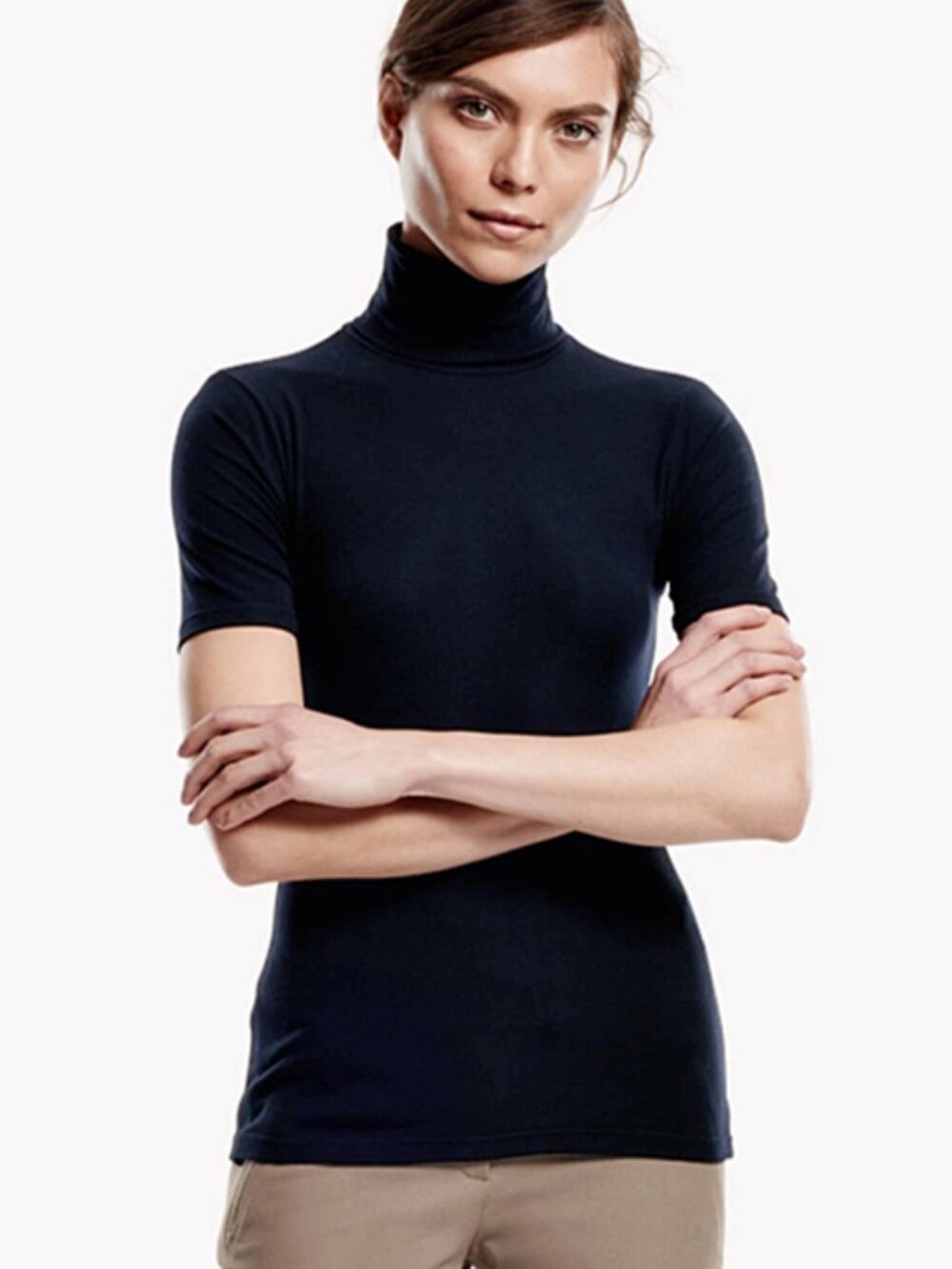 NWT Theory Deep Navy Naneik Short Sleeve Stretch Jersey Turtleneck Knit Top M